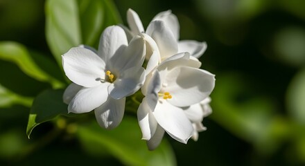 A delicate cluster of pure white blossoms with yellow centers, basking in sunlight against a lush green background. A concept of natural beauty and serenity.