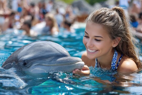 Smiling girl interacts with dolphin in a blue pool during a sunny day at a marine park - Powered by Adobe