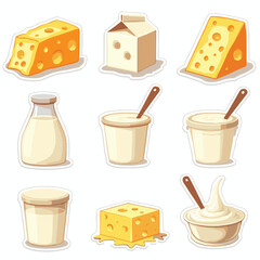 Vector Stickers of Cheese, Milk, Yogurt, and Dairy Snacks ? Flat Cartoon Food Icons (3).eps