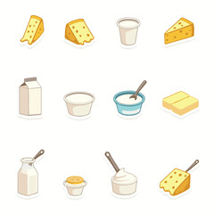 Vector Stickers of Cheese, Milk, Yogurt, and Dairy Snacks ? Flat Cartoon Food Icons (2).eps