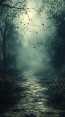 Walking Along a Foggy Forest Path with Flying Birds