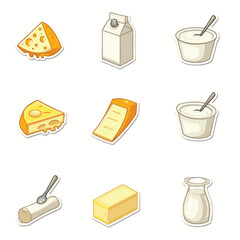Vector Stickers of Cheese, Milk, Yogurt, and Dairy Snacks ? Flat Cartoon Food Icons (4).eps