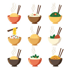 Vector Stickers of Asian Rice and Noodle Bowls with Tofu and Veggies ? Flat Cartoon Food Icons (2).eps