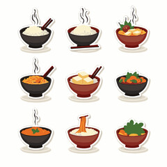 Vector Stickers of Asian Rice and Noodle Bowls with Tofu and Veggies ? Flat Cartoon Food Icons (3).eps