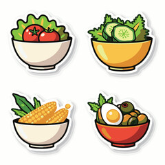 Vector Stickers of Healthy Salad Bowls with Fresh Vegetables ? Flat Cartoon Food Icons (2).eps