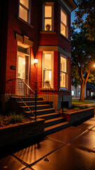 Fototapeta premium Charming brick house with warm lights illuminating entrance, surrounded by greenery and peaceful evening atmosphere