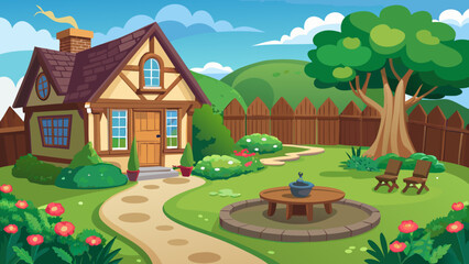 Vector art of a charming cartoon cottage with a winding garden path, lush greenery, and a large tree under a blue sky