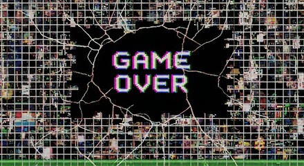 Pixelated Game Over Screen with Broken Grid and Glitching Effect Visual Design