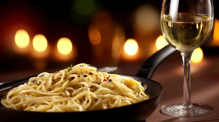 Elegant Dining with Pasta and Truffle Oil, White Wine, and Candlelight - Back View, Motion Blur