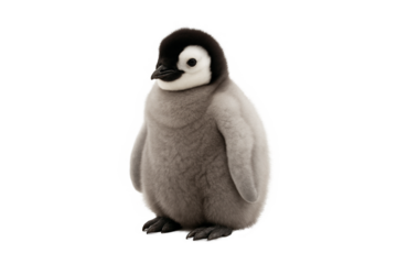 Cute fluffy baby penguin standing on white background. Perfect for wildlife and nature-themed content.