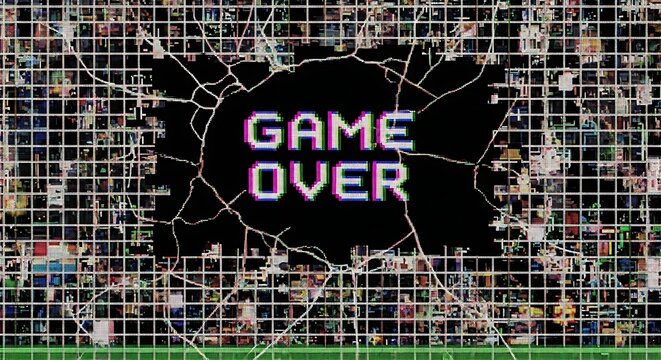 Pixelated Game Over Screen with Broken Grid and Glitching Effect Visual Design