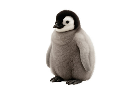 Adorable emperor penguin chick standing on a white background, fluffy baby seabird isolated in a cute wildlife portrait with soft natural details