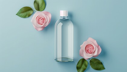 Clear Cosmetic Product Bottle with Pink Roses on Soft Blue Background
