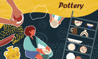 Pottery collage. Hand drawn vector illustration.