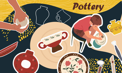 Pottery collage. Hand drawn vector illustration.