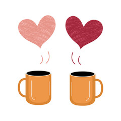 Two cups with hearts above. Hand drawn cozy romantic illustration