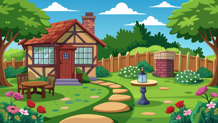 Vector art of an inviting cartoon illustration of a storybook cottage in a lush garden, complete with a stone path and seating