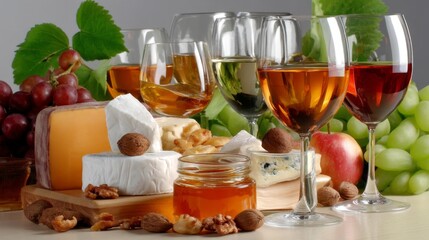 Elegant Cheese Platter with Honey, Nuts, Fruits, and Wine Glasses, Close-Up Shot with Glow Highlight and Leading Lines