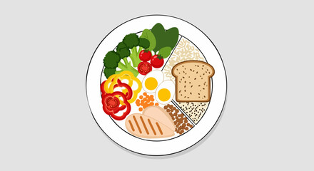Vector SVG Illustration of Healthy Breakfast Plate with Vegetables Eggs Toast and Meat in Modern Flat Style Colorful Design