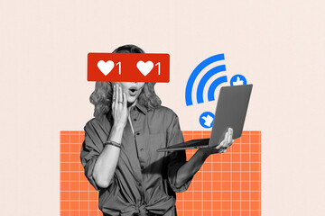Composite image montage collage of young woman shocked face hold laptop wifi connection social...