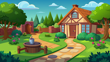 Vector art of a whimsical cartoon depicts a fairytale cottage with a garden, featuring a stone path and a small castlelike entrance