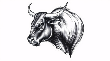 Obraz premium A powerful black bull with horns charging against a white background.