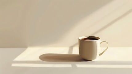 Minimalist Coffee Cup with Sunlight and Shadow on Blank Studio Background