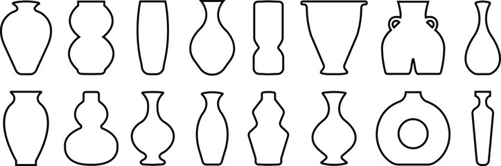 Vase silhouette icon set in outline styles, collection of black pottery and ceramic vessel shapes, decorative flower vase vectors illustrations for home decoration, antique art or designs elements.