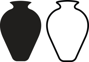 Vase silhouette icon set flat and outline styles, collection of black pottery, ceramic vessel shapes, decorative flower vase vectors illustrations for home decoration, antique art or designs elements.