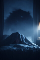 Frightened person hiding under a blanket at night.
