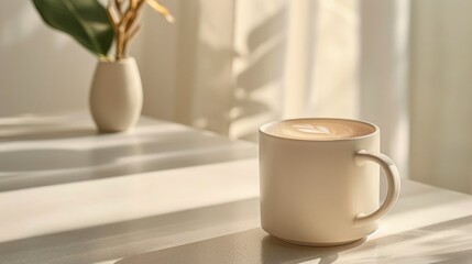 Creamy Latte in a Minimalist Beige Mug on a Sunny Table with Soft Shadows