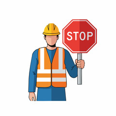 Vector SVG Illustration of Construction Worker Holding Stop Sign in Modern Flat Style with Bright Colors