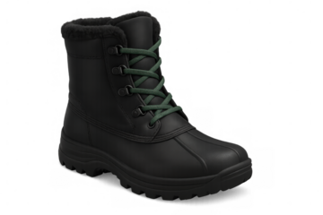 Warm winter boot featuring green laces, perfect for snowy weather, isolated on a transparent background