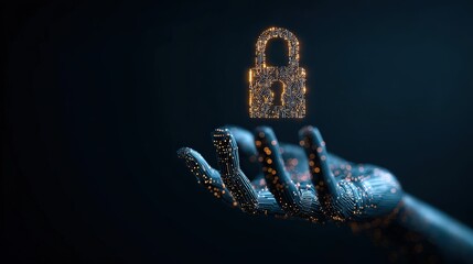 A digital robotic hand holds a glowing padlock made of binary code, symbolizing cybersecurity and data protection.