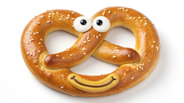 A soft pretzel with sesame seeds and googly eyes and a smile on a white background surface