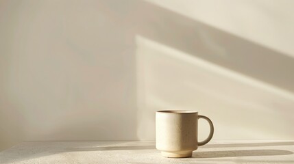 Minimalist Ceramic Coffee Mug with Sunlight and Shadow on Neutral Background