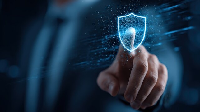 A hand is touching a glowing digital shield icon, symbolizing cybersecurity and digital protection in a futuristic, high-tech interface. - Powered by Adobe