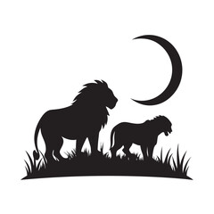 Dusk Scene With Hunting Lions Silhouette