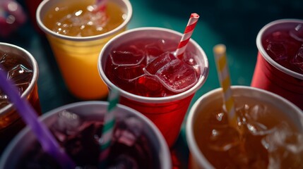 Refreshing Fruit Juices in Vibrant Cups - Cinematic Point of View Shot with Ice, Paper Straws, and Shallow Depth of Field Flat Lay