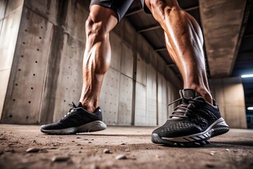 Close-up of muscular legs in black athletic shoes with white soles, standing in indoor concrete space under shadowed light, highlighting power