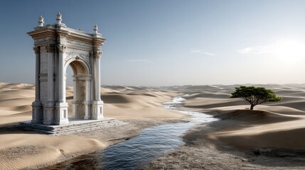Naklejka premium Golden sunlight glows through the Roman arch in the desert, creating a stunning ambiance as twilight enhances the serene beauty