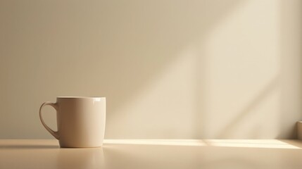Minimalist Coffee Mug on Beige Table with Sunlight Shadows and Copyspace