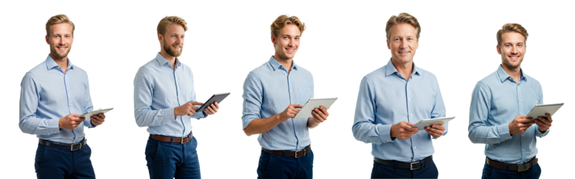 businessman, formal wear, holding tablet, smiling, transparent background - Powered by Adobe