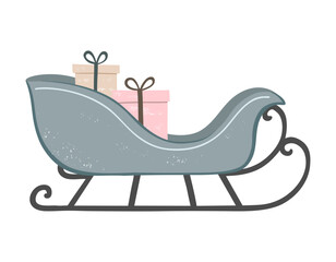 Sleigh with gifts. Hand drawn pastel christmas illustration in cozy style for winter holiday design and decor