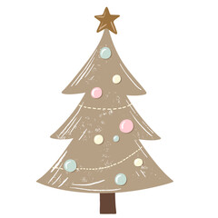 Beige christmas tree with pastel toys. Hand drawn winter illustration in soft vector style for cozy holiday design