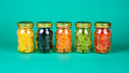 Colorful gummy candy jars assorted flavors sweet treat confectionery sugar snack assortment delicious jars 94