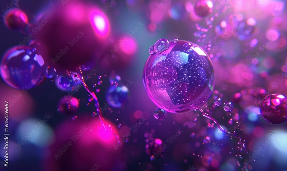 Poster abstract spheres connected by luminous tendrils with depth of field