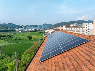 aerial view solar power station on rooftop of house
