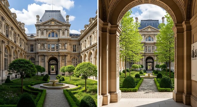 Serene Courtyard of the Louvre Museum in Paris Featuring Formal Gardens and Architecture