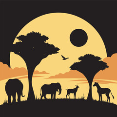 Naklejka premium Complete Safari Wildlife Animal Scene Silhouette